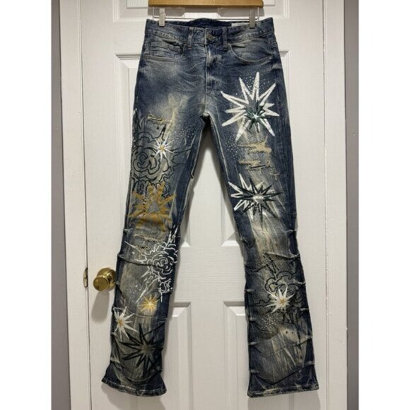 Smoke Rise Stacked Flared Pinched Rhinestone Jeans Pants Dark Wash Grunge Emo - Picture 1 of 11